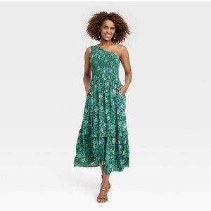 KNOX ROSE Womens Smocked Floral Maxi Dress Size XXL Green Tiered One Shoulder